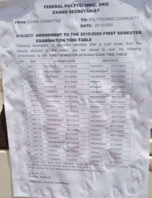OKOPOLY Exam Timetable for 1st Semester 2019/2020 is out