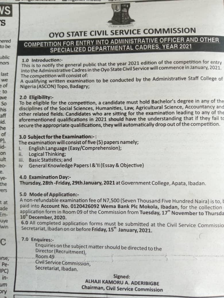 Oyo State Civil Service Commission Competition 2021