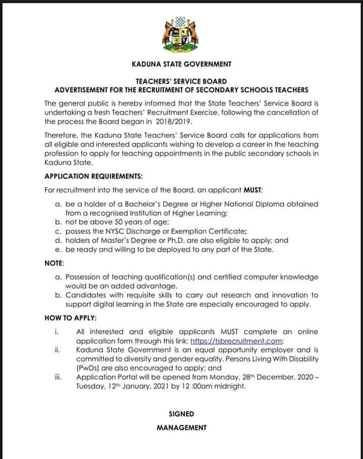 Kaduna State Teachers Service Board Recruitment 2020/2021 Application form Portal https://tsbrecruitment.com