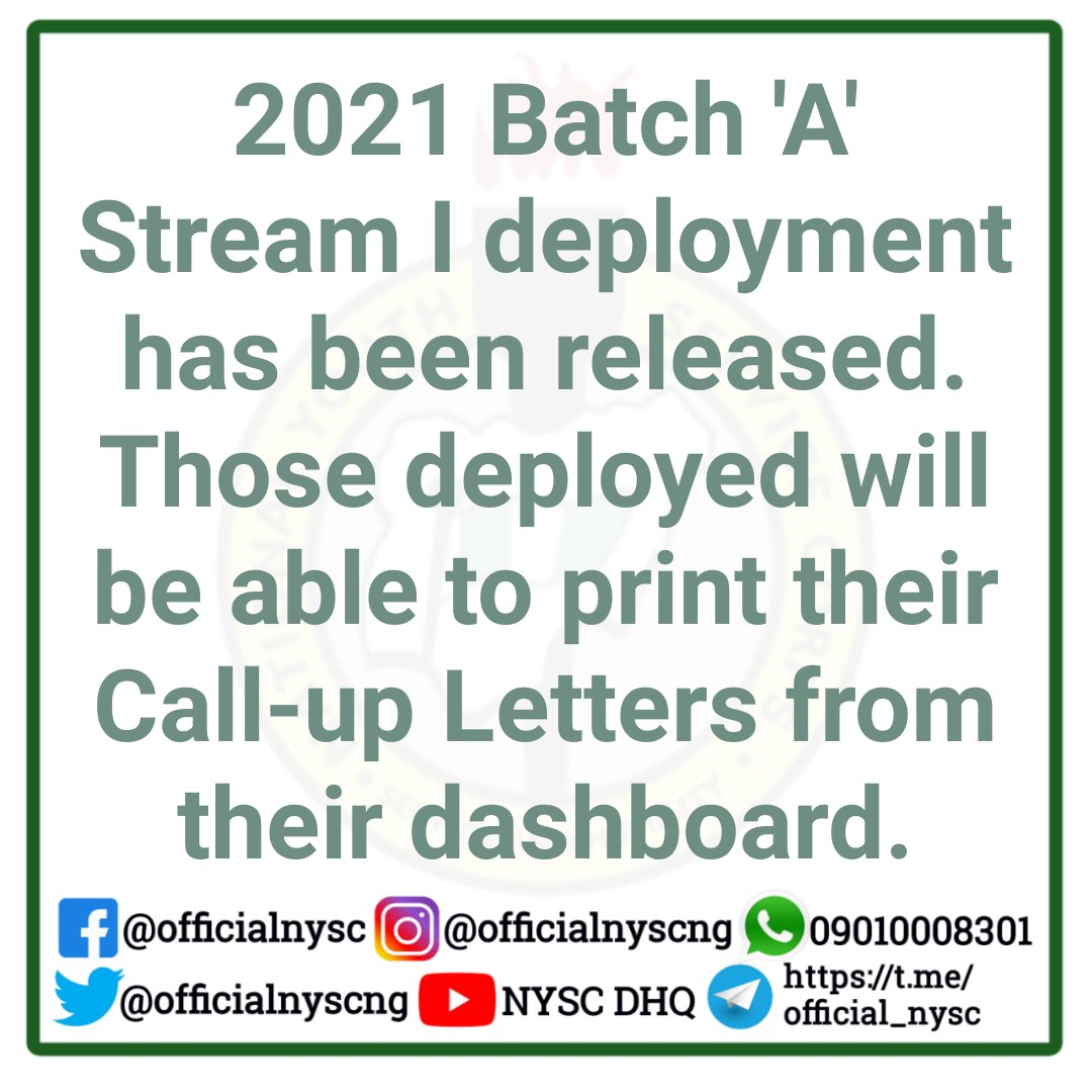 NYSC 2021 Batch ‘A’ Stream | Deployment