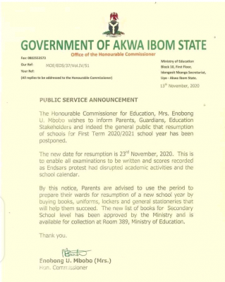 Akwa Ibom State Government Postponed School Resumption Date For All Classes