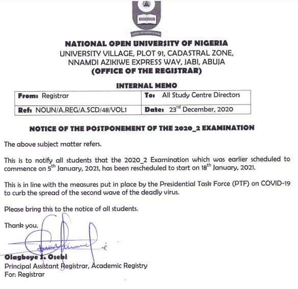 NOUN Postpone 2020_2 POP Exam | January 2021