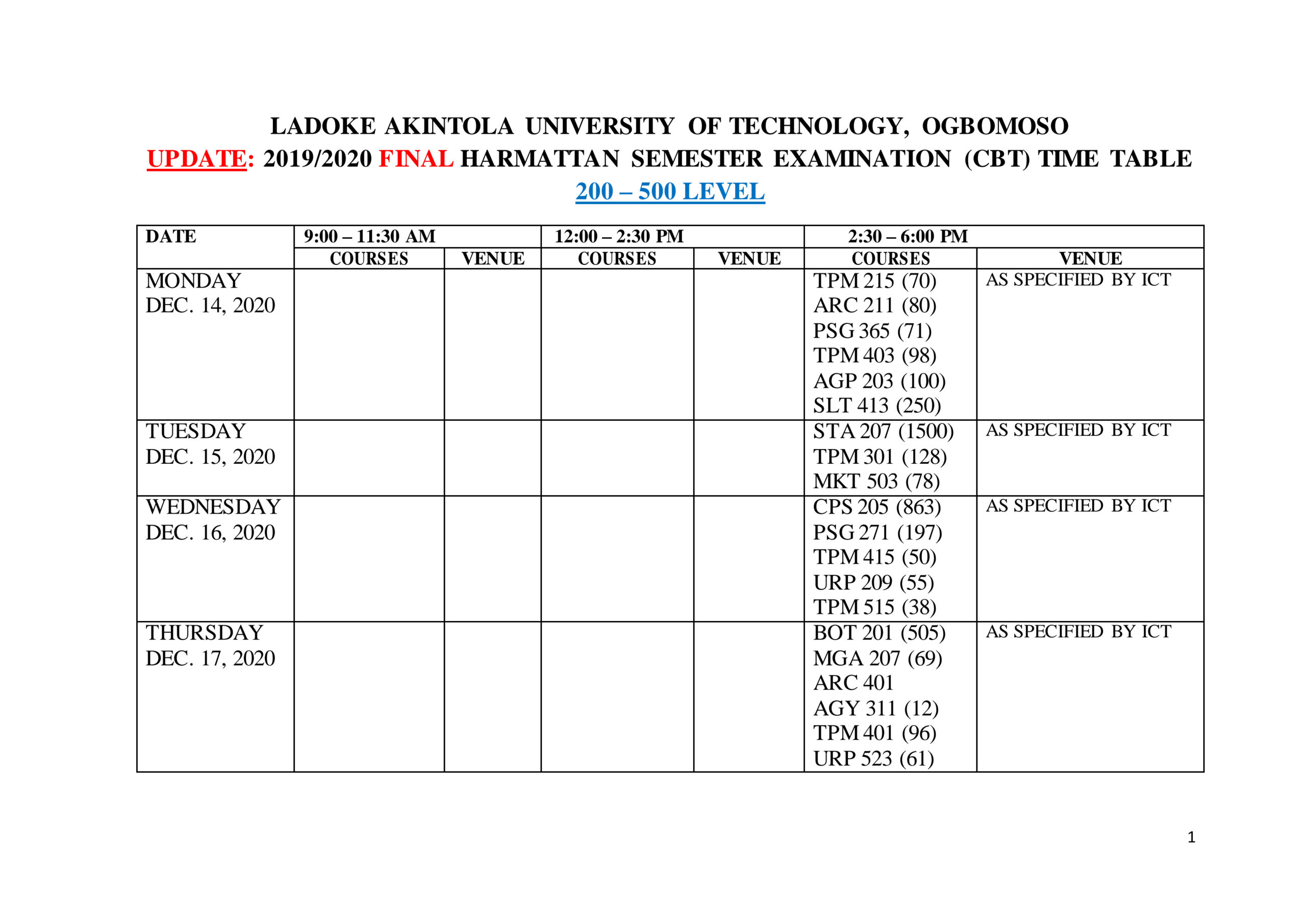 LAUTECH Exam Timetable for Harmattan Semester 2019/2020 is out