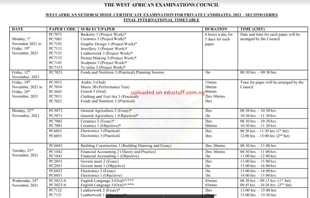 WAEC GCE Timetable 2021 Second Series