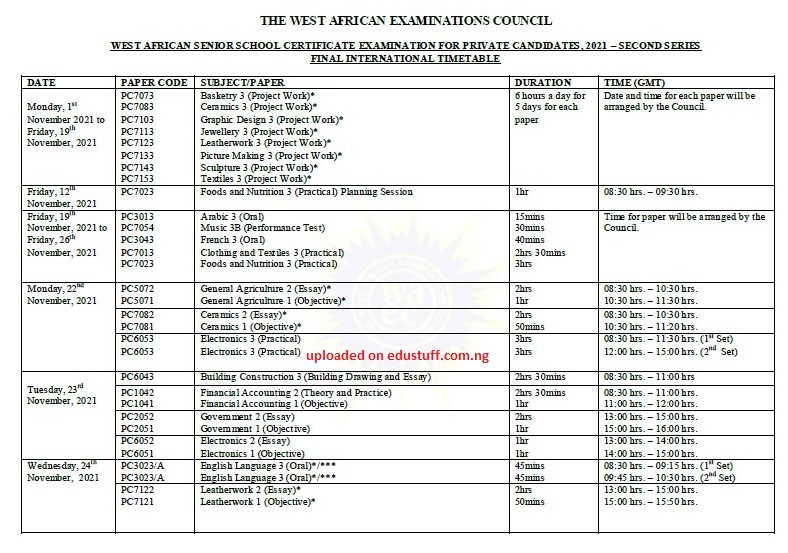 WAEC GCE Timetable 2021