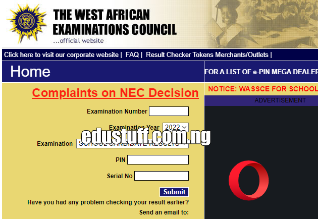 WAEC Result checker portal