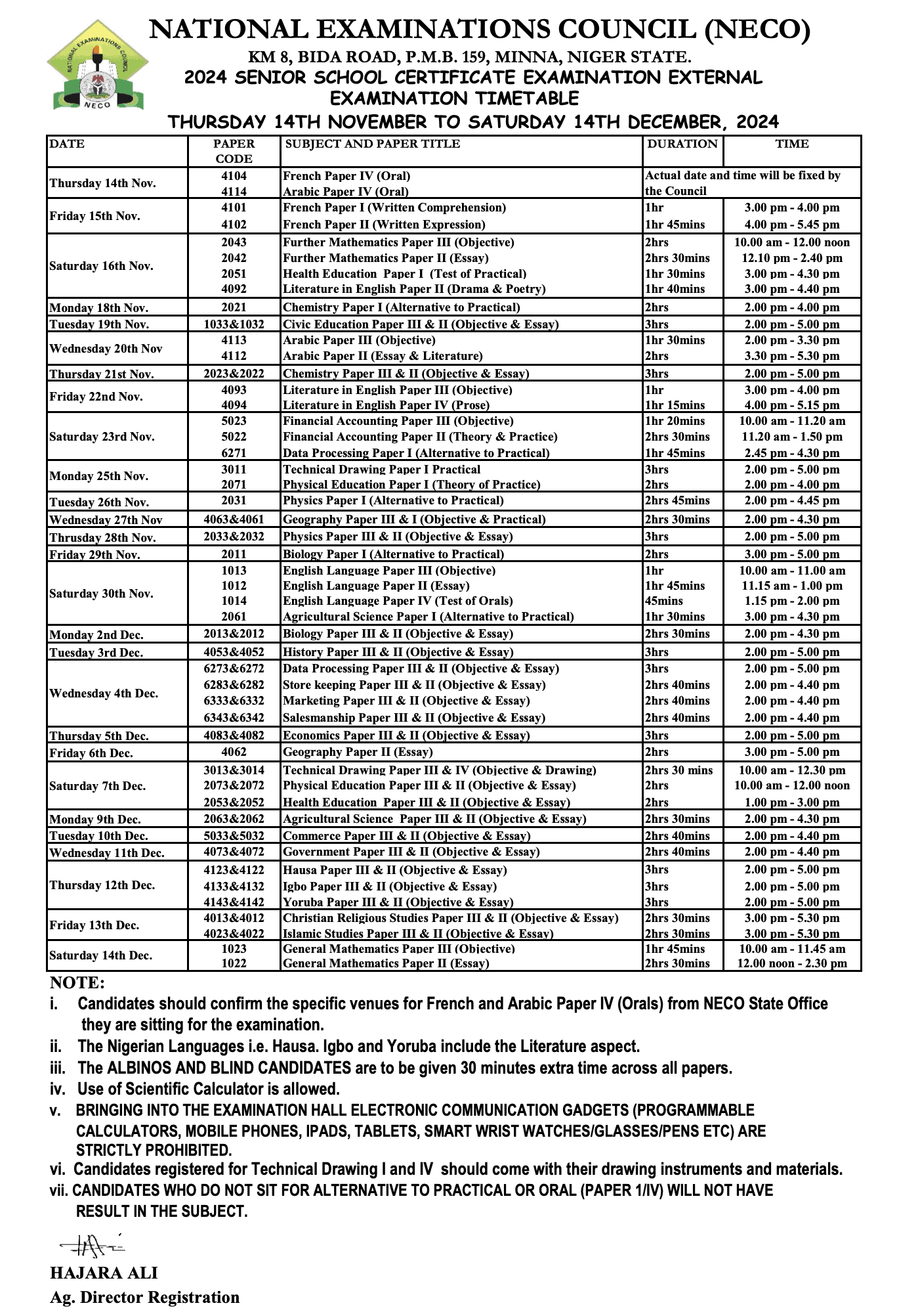 NECO GCE 2024 Timetable