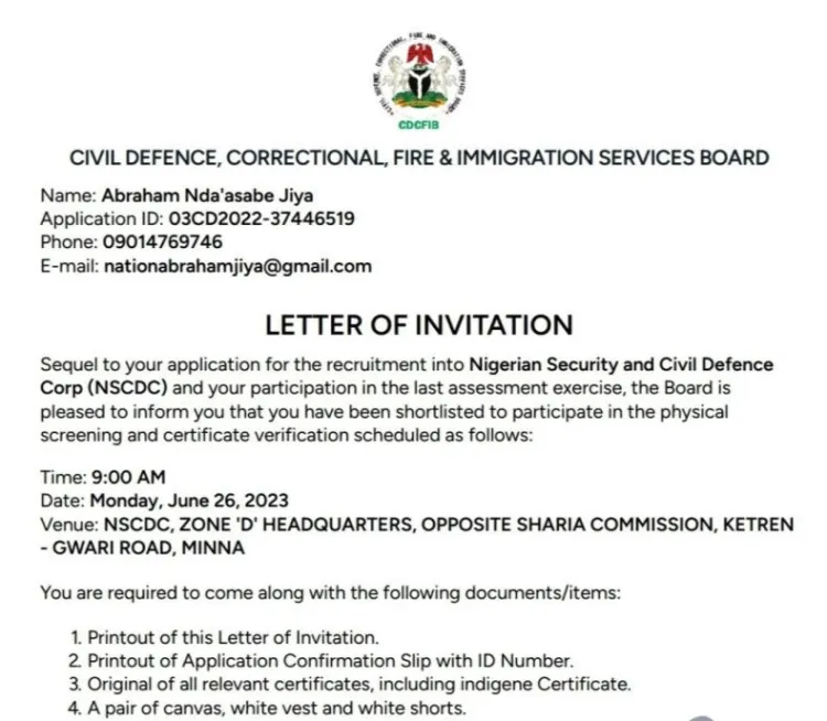 NSCDC Invitation Letter for 2023 Physical Screen