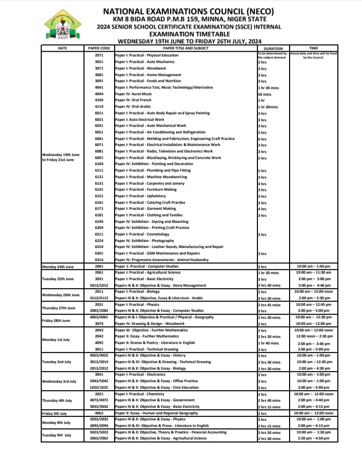 NECO timetable 2024