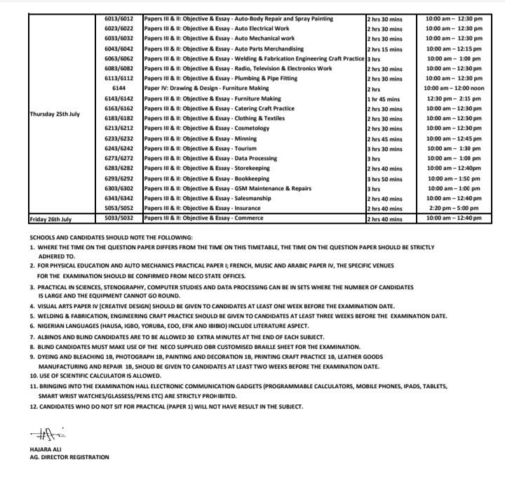 NECO timetable 2024