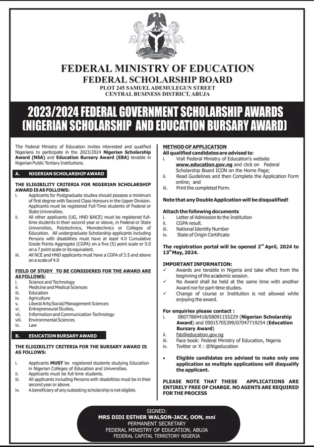 Federal Government scholarship 2024 Application form